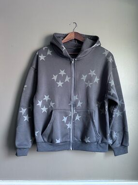 Full Zip Star Printed Hooded Sweatshirt – Size Small | Gray